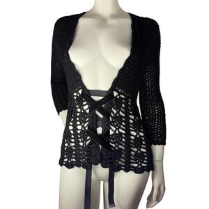 Black Crochet Cardigan Lace Up Velvet Ribbon Whimsigoth Goth Boho Coquette S/M